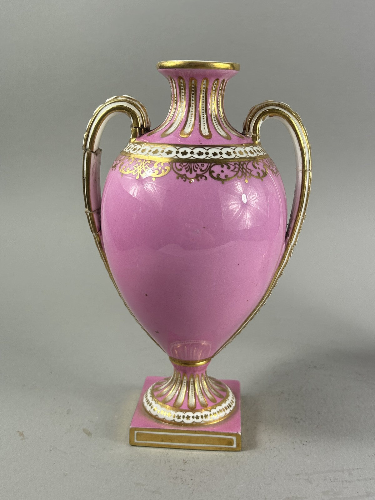 Antique Pair Pink Ground Gilt Porcelain Urn Vases, 18cm