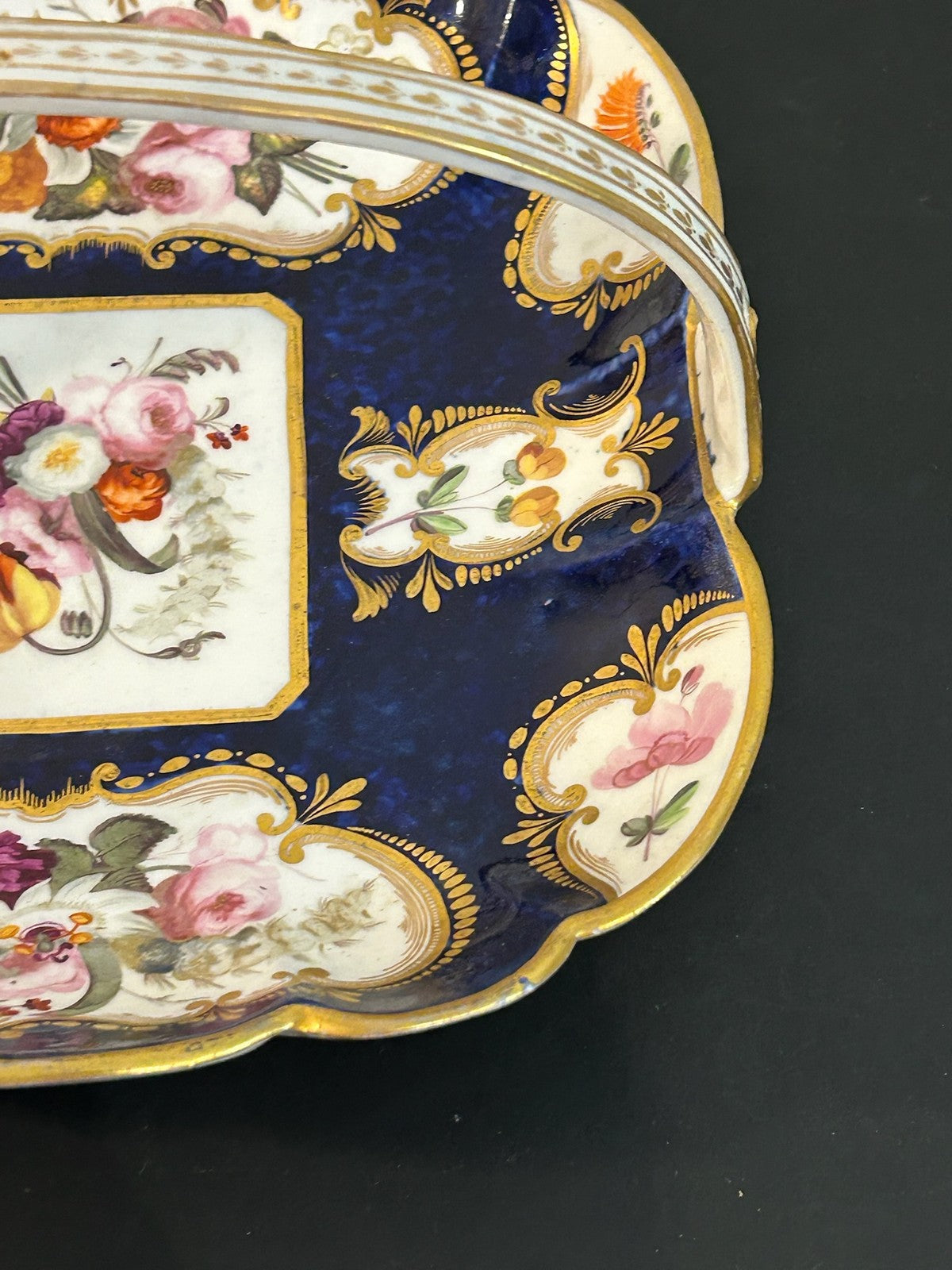 Antique English Porcelain Basket Cobalt Gilt Painted Flowers Handle A/F10