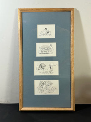 Set of Four Original Pen & Ink Humorous Cartoon Sketches Animals Framed As One
