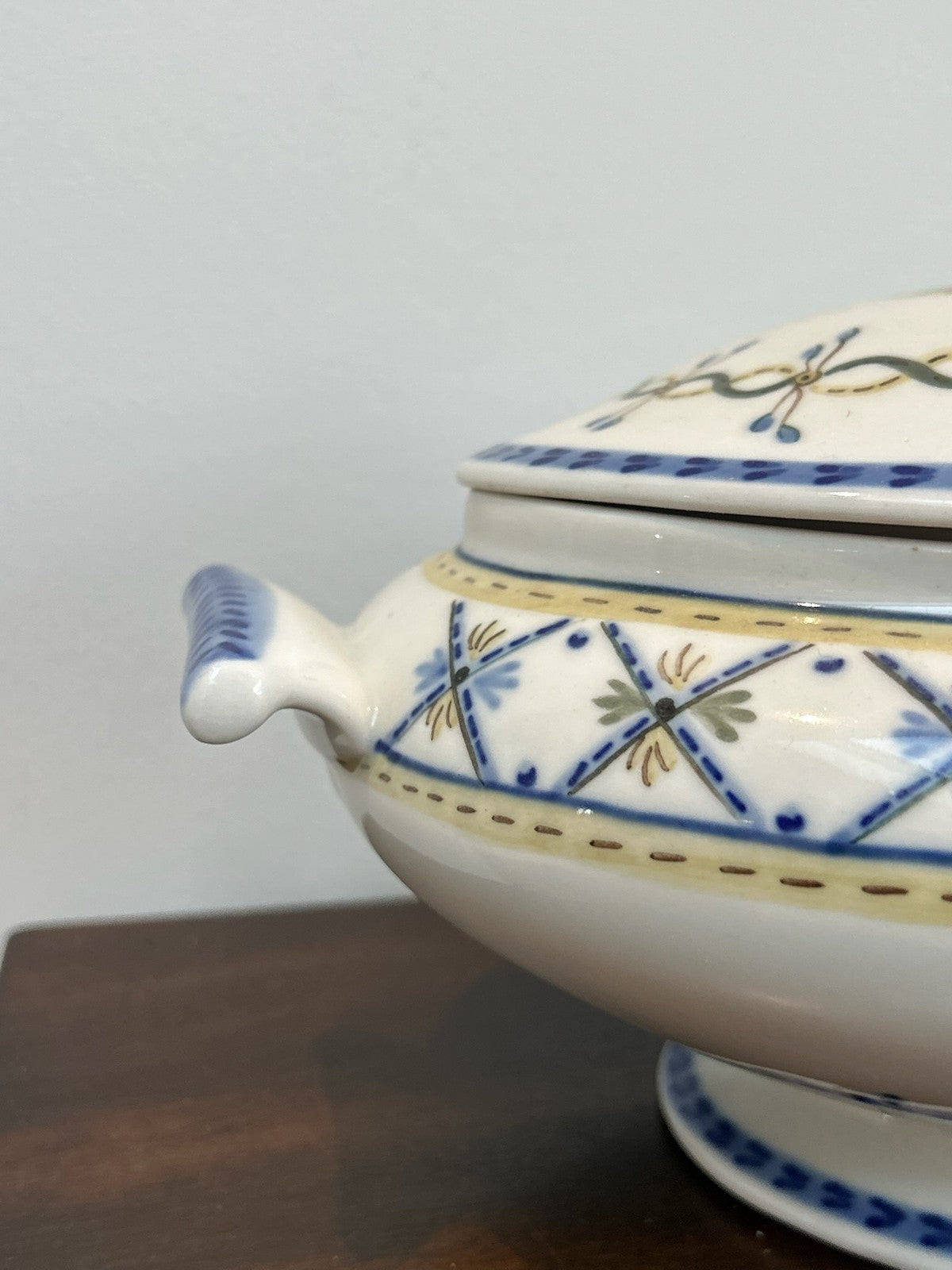 Antique Porcelain Covered Tureen Blue Yellow Neoclassical Border1