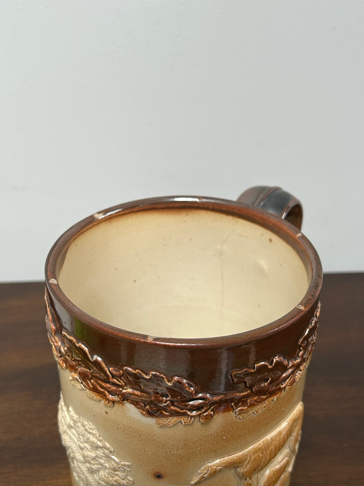 Antique Salt Glaze Stoneware Mug Hunting Relief 19thC Two Tone Brown5