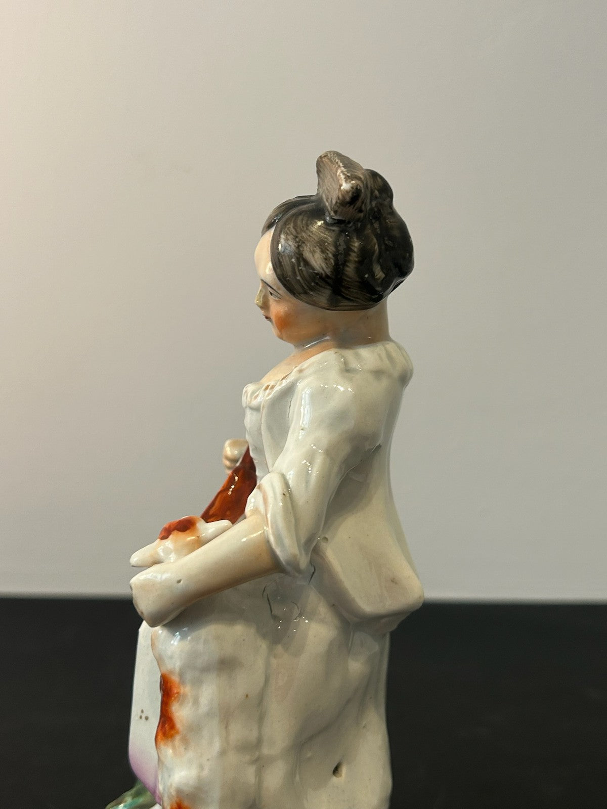 Antique Victorian Staffordshire Figure Seated Girl Playing Mandolin Flowers 20cm3