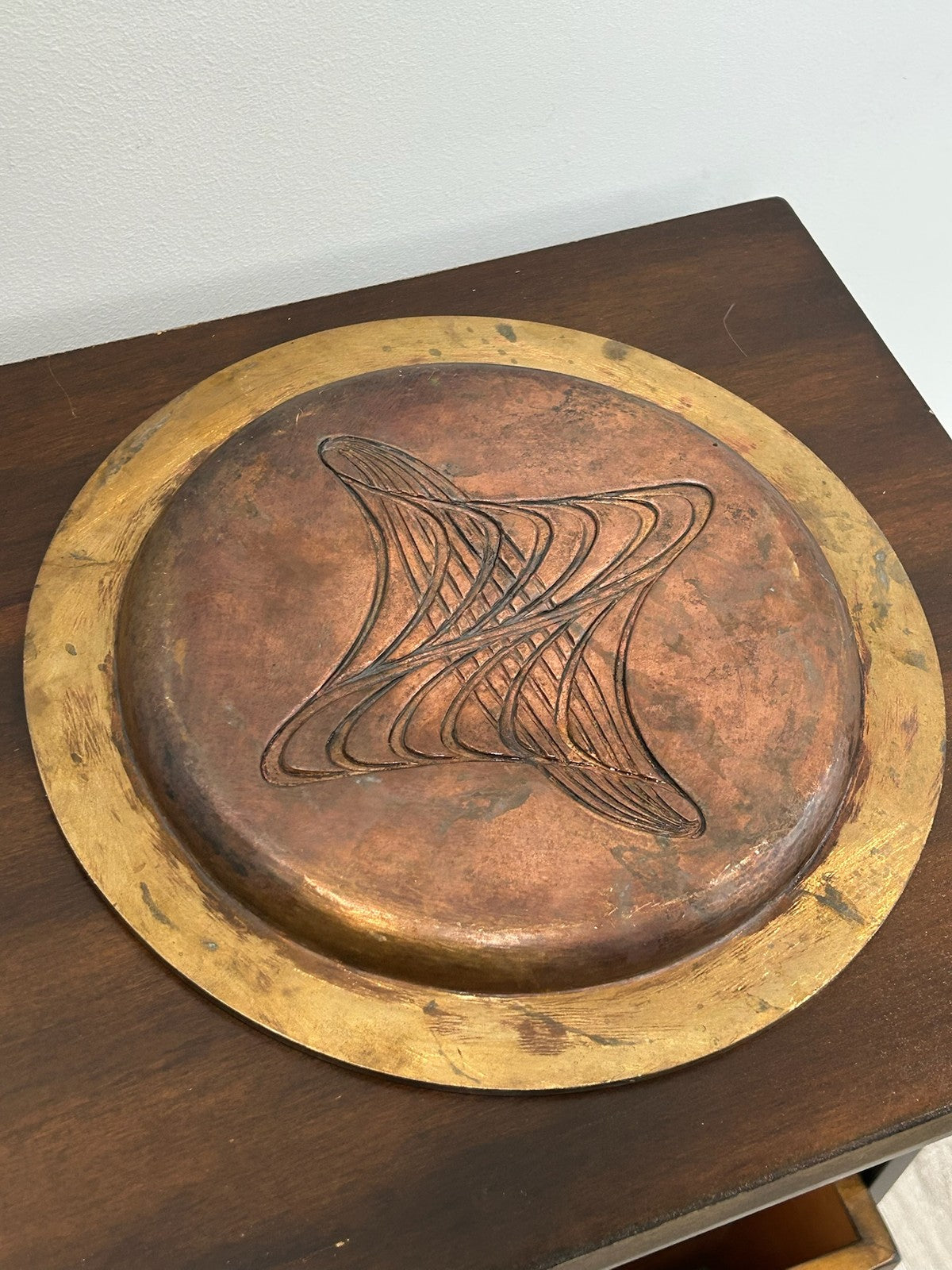 French Art Deco Dinanderie Copper Brass Tray Enamel Fan Motif c.1925406