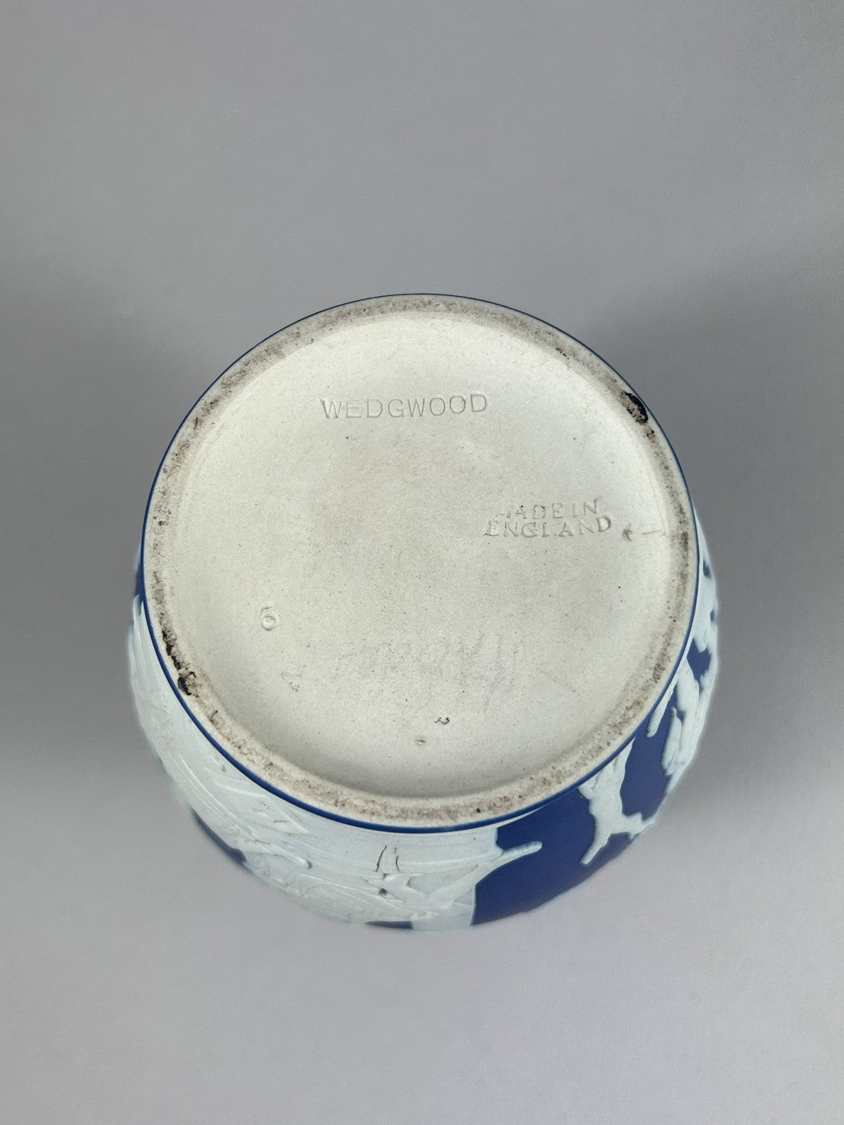 Wedgwood blue jasperware Portland Vase style miniature, 15cm