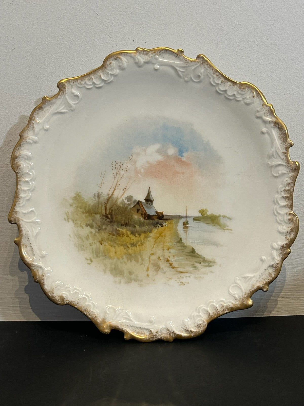 Antique Limoges Coiffe Hand Painted Plate Coastal Landscape Gilt Rim 23cm0