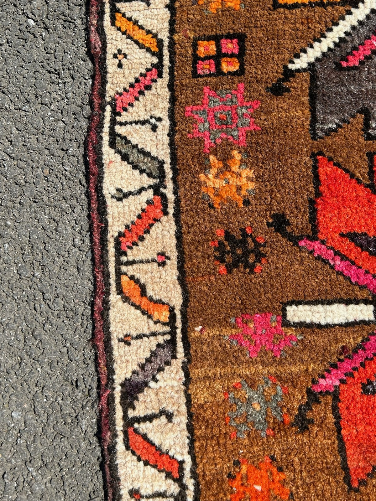Vintage Tribal Rug Anatolian Style Red Orange Brown Geometric Hooked Medallions6