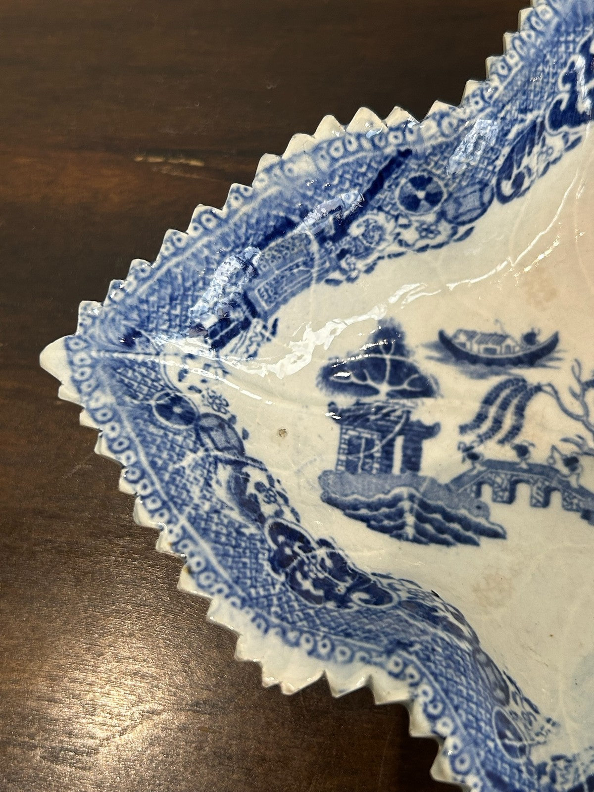 Antique 19th Century Blue White Willow Pattern Leaf Shaped Pickle Dish2