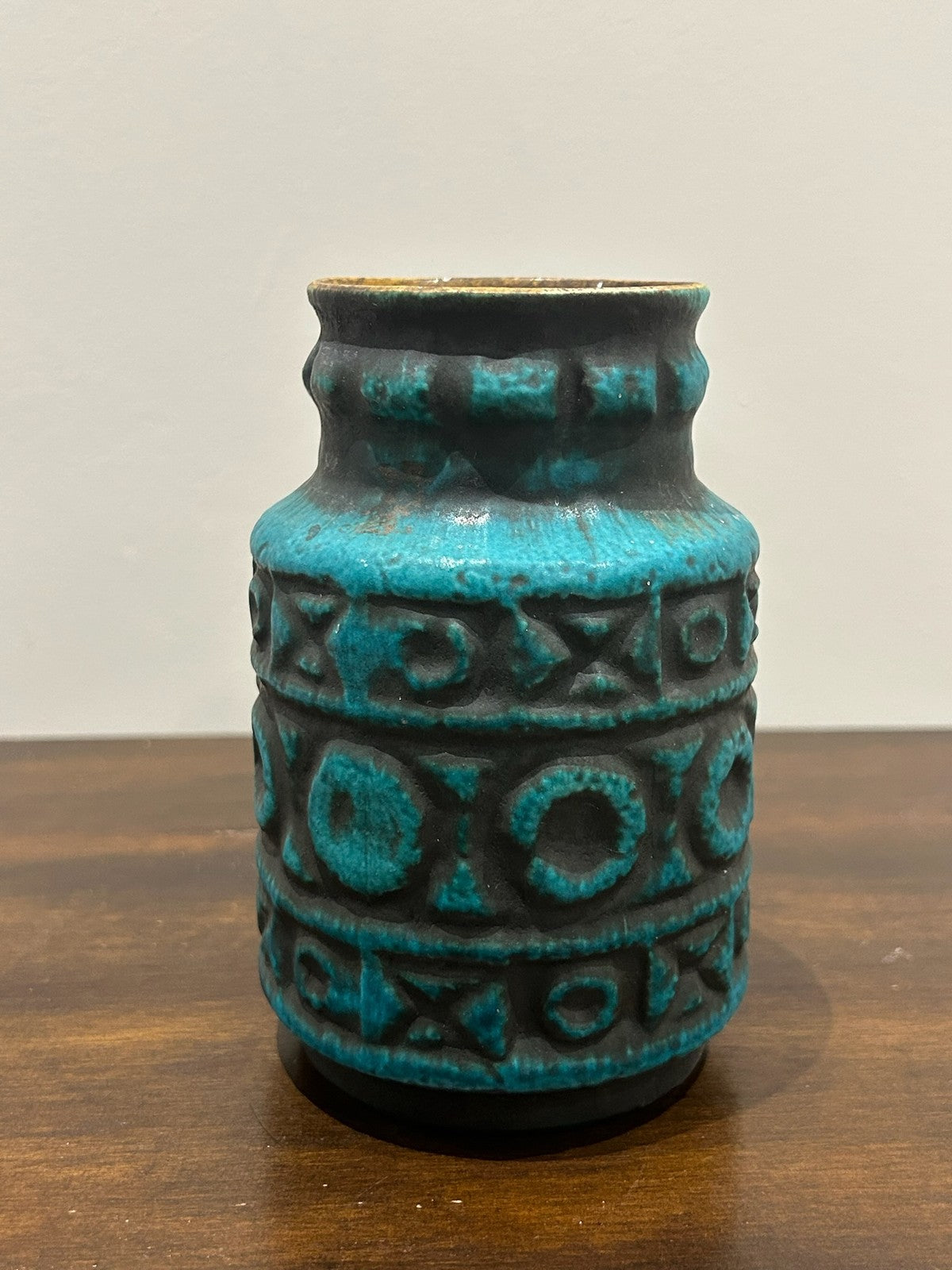 West German Fat Lava Vase 214 18 Turquoise Black Retro Pottery0