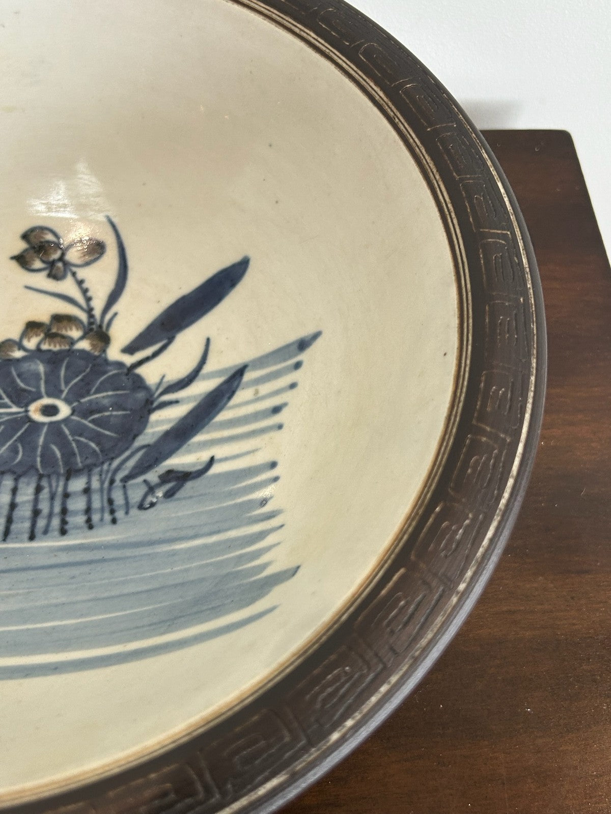 Antique Chinese Bleu de Hue Lotus Pond Bowl Metal Rim Vietnamese Market 26cm2