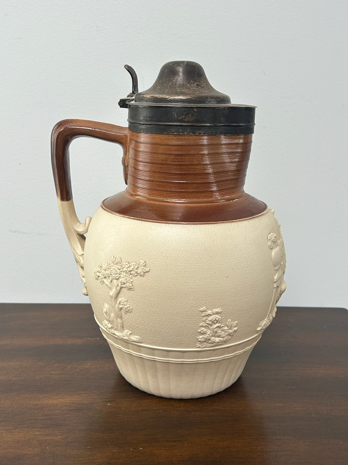 Large Turner Stoneware Jug Silver Lid 25cm c1800 Sprigged Hunting Georgian4