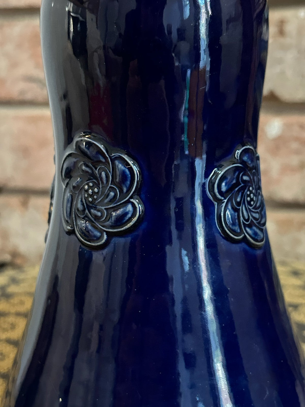 Royal Doulton Lambeth Cobalt Blue Stoneware Vase Royal Arms Relief Bottle Form4