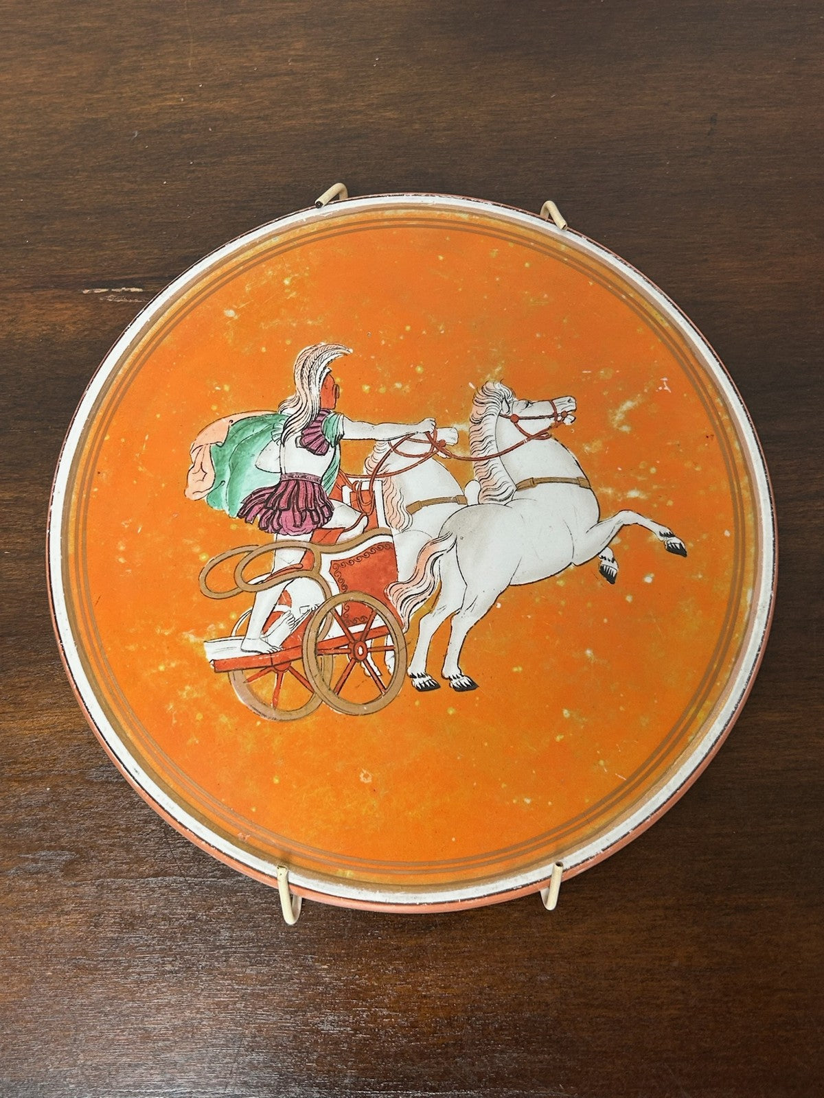 Antique Prattware Teapot Stand Roman Chariot Orange Ground Tea Tile 16cm1