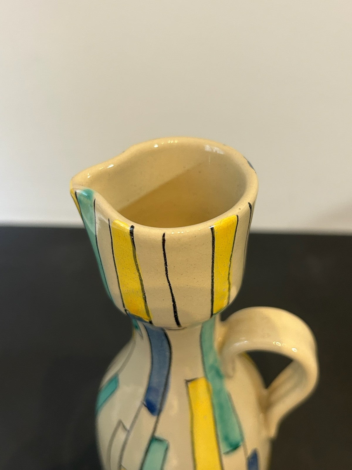 1960s Italian Pottery Jug Hand Painted Stripes Yellow Blue Green 21cm1