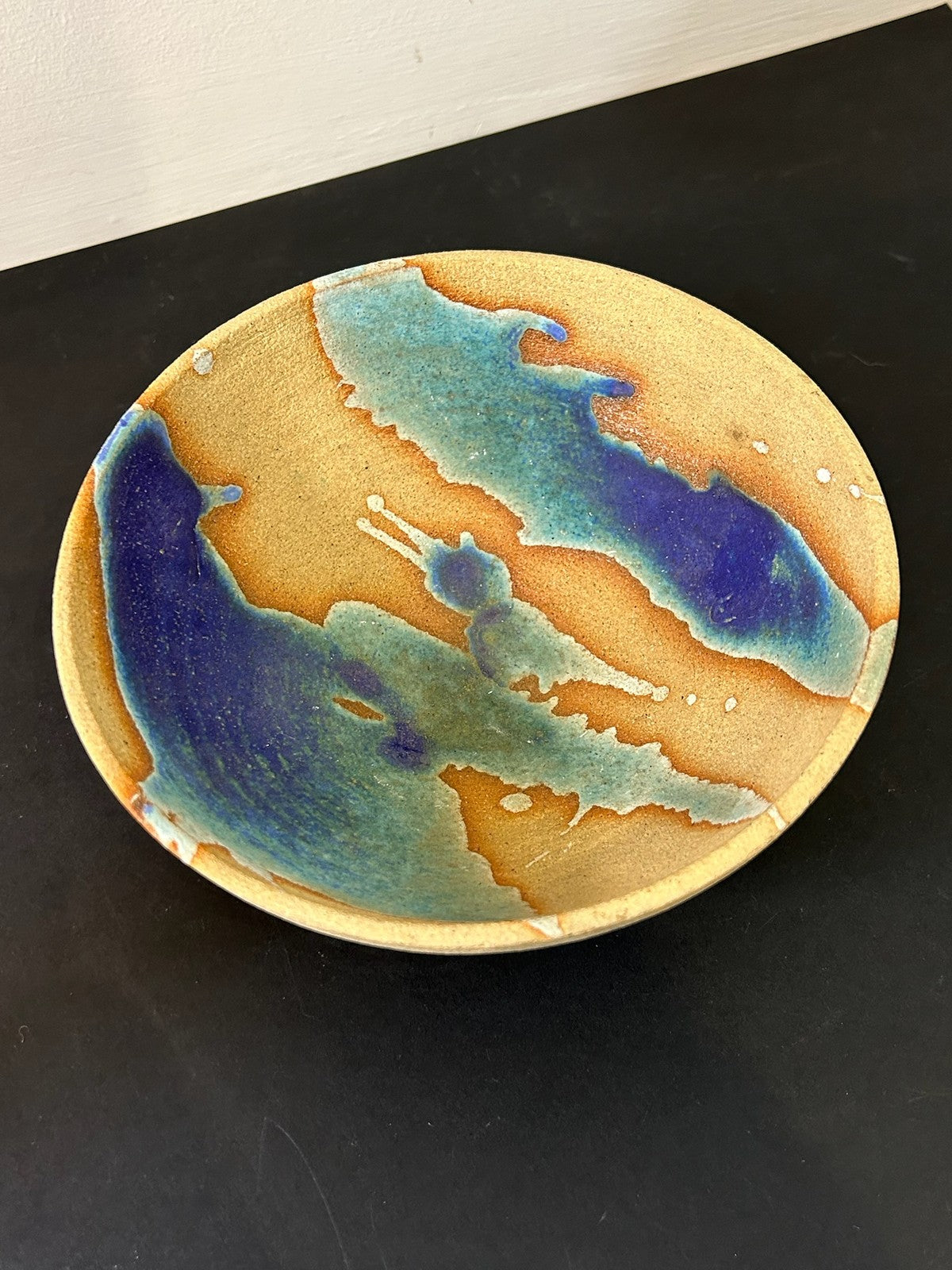 Studio Pottery Stoneware Bowl Blue Turquoise Amber Glaze Splashes 18cm0