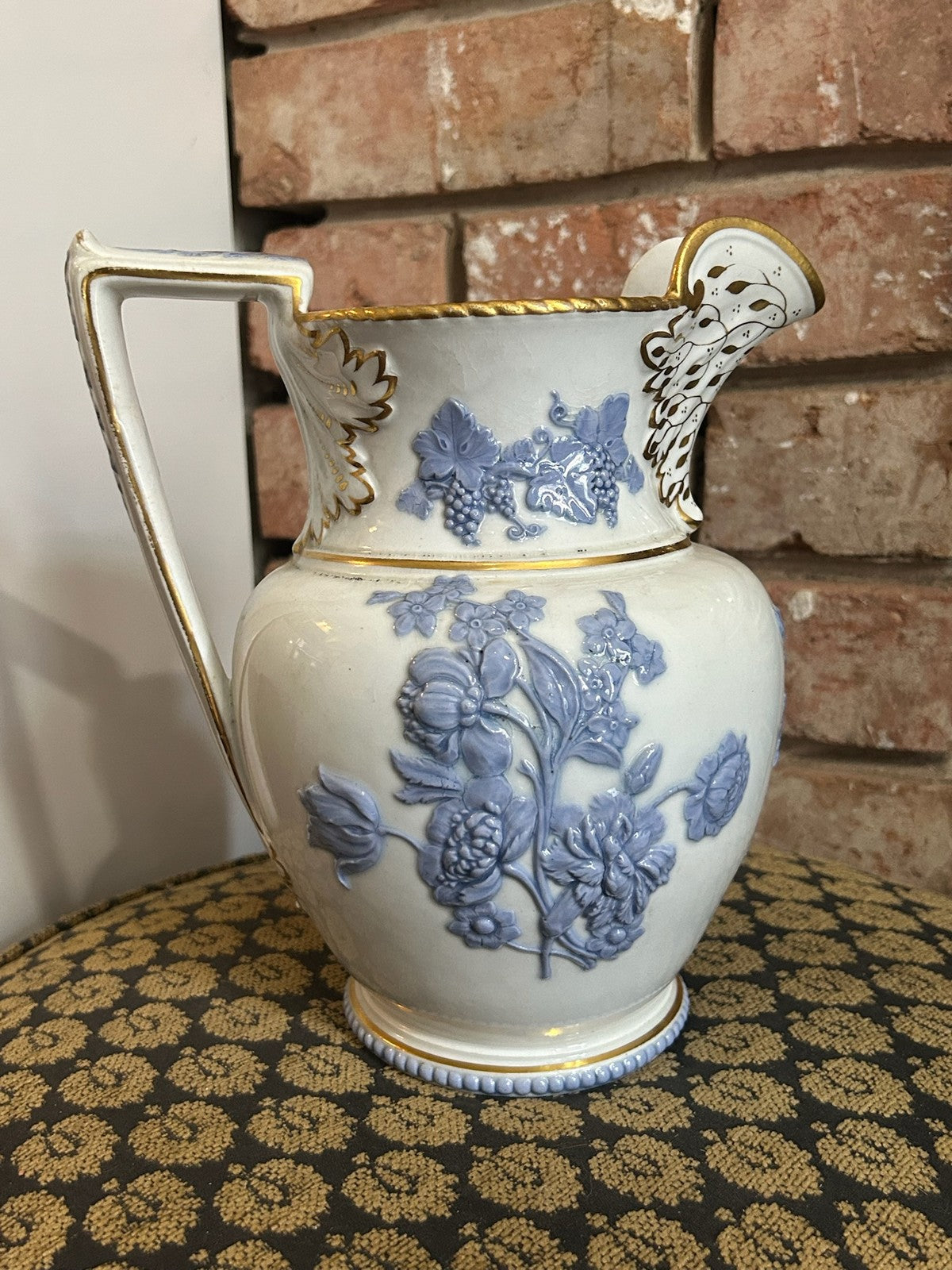 Antique Relief Moulded Jug Blue Sprigged Flowers Grapes Gilt Rim Victorian17