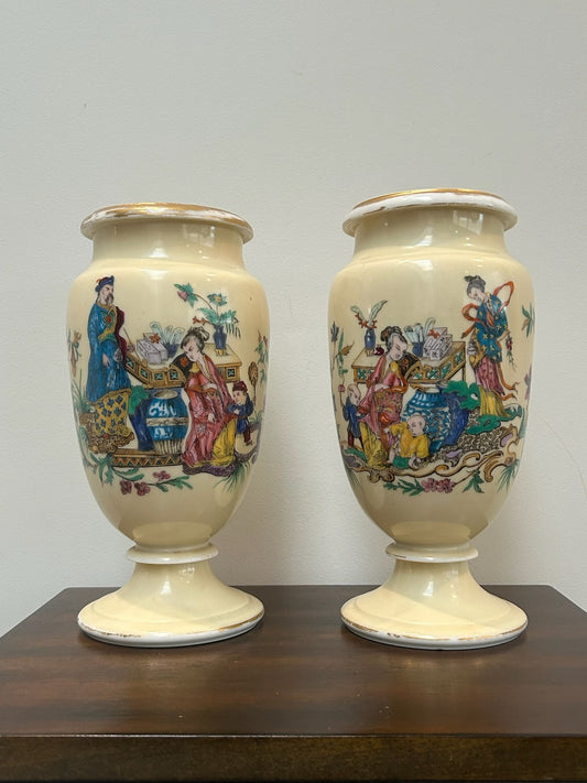 Pair Antique Victorian French Opaline Glass Chinoiserie Vases Hand Enamelled0