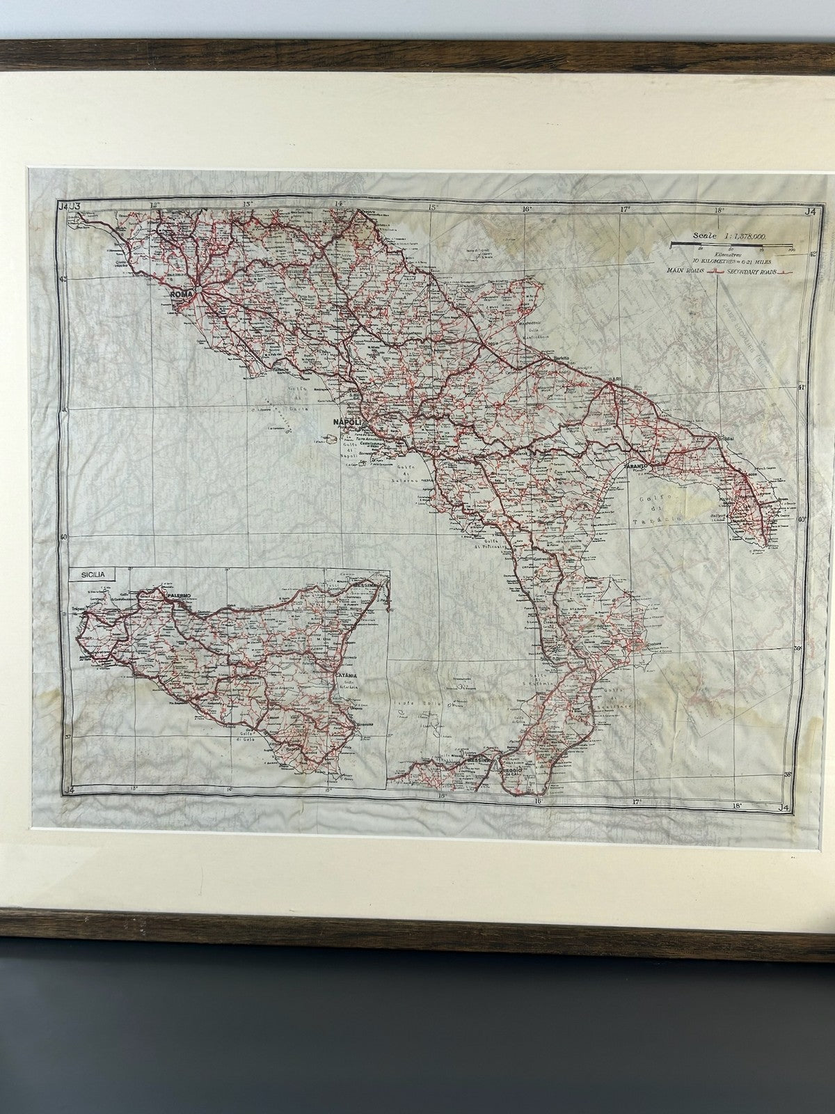 WWII MI9 Silk Escape Map Italy Sicily Sheet J4 1:1,378,000 RAF Evasion Framed1