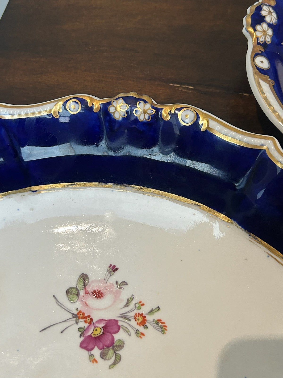 Pair Bloor Derby Oval Dessert Dishes Cobalt Gilt Borders Floral Sprays c.18306