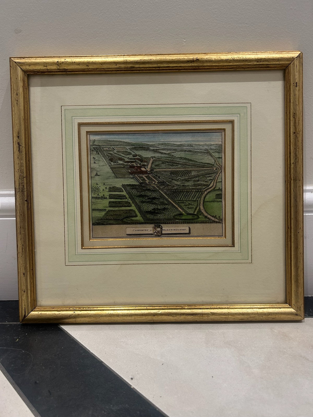 Antique Kip Knyff Cashiobury Hertfordshire Birds Eye View Engraving Framed0