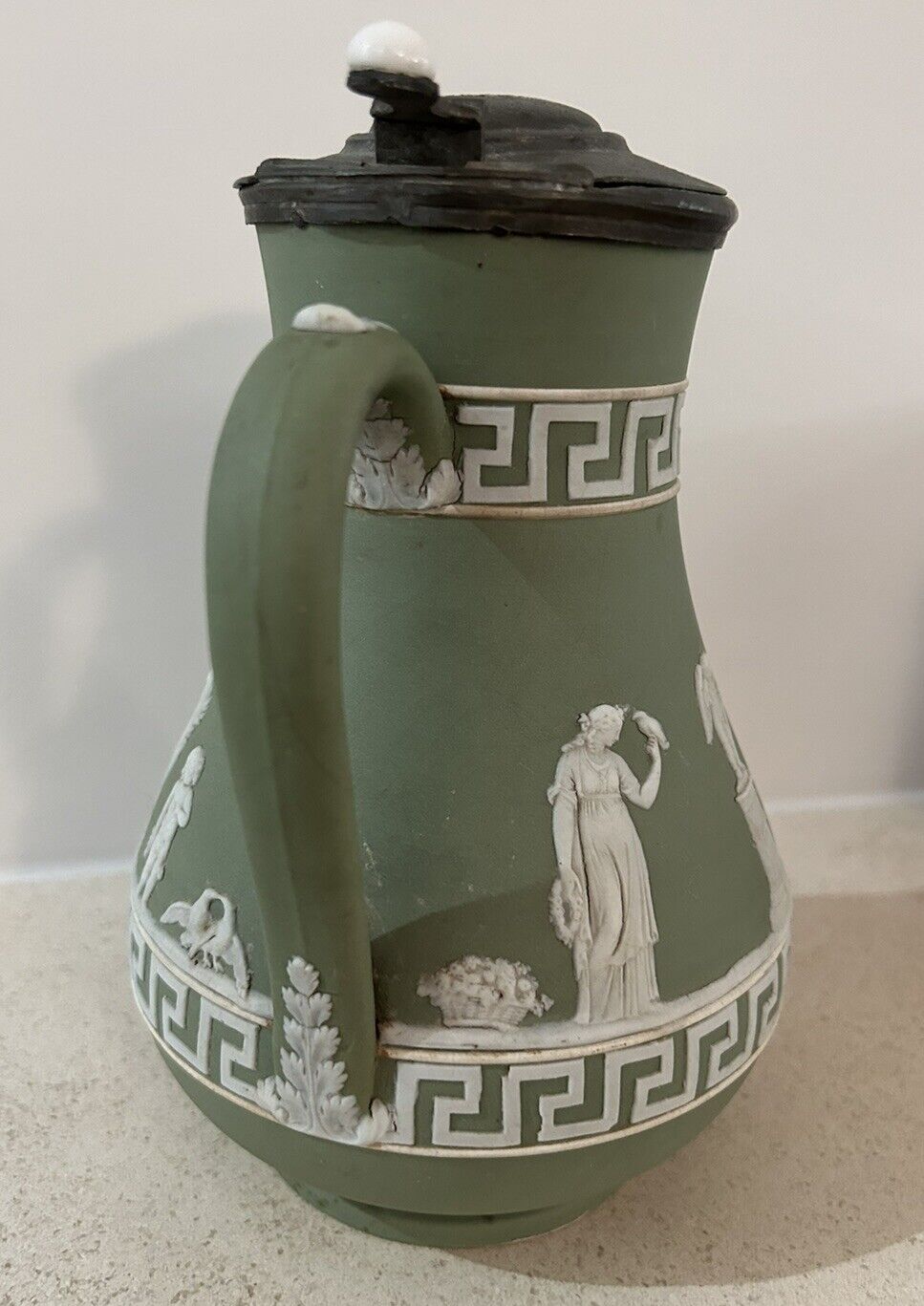 Wedgwood Pewter Lid Greek Key Green Milk Pitcher Jug