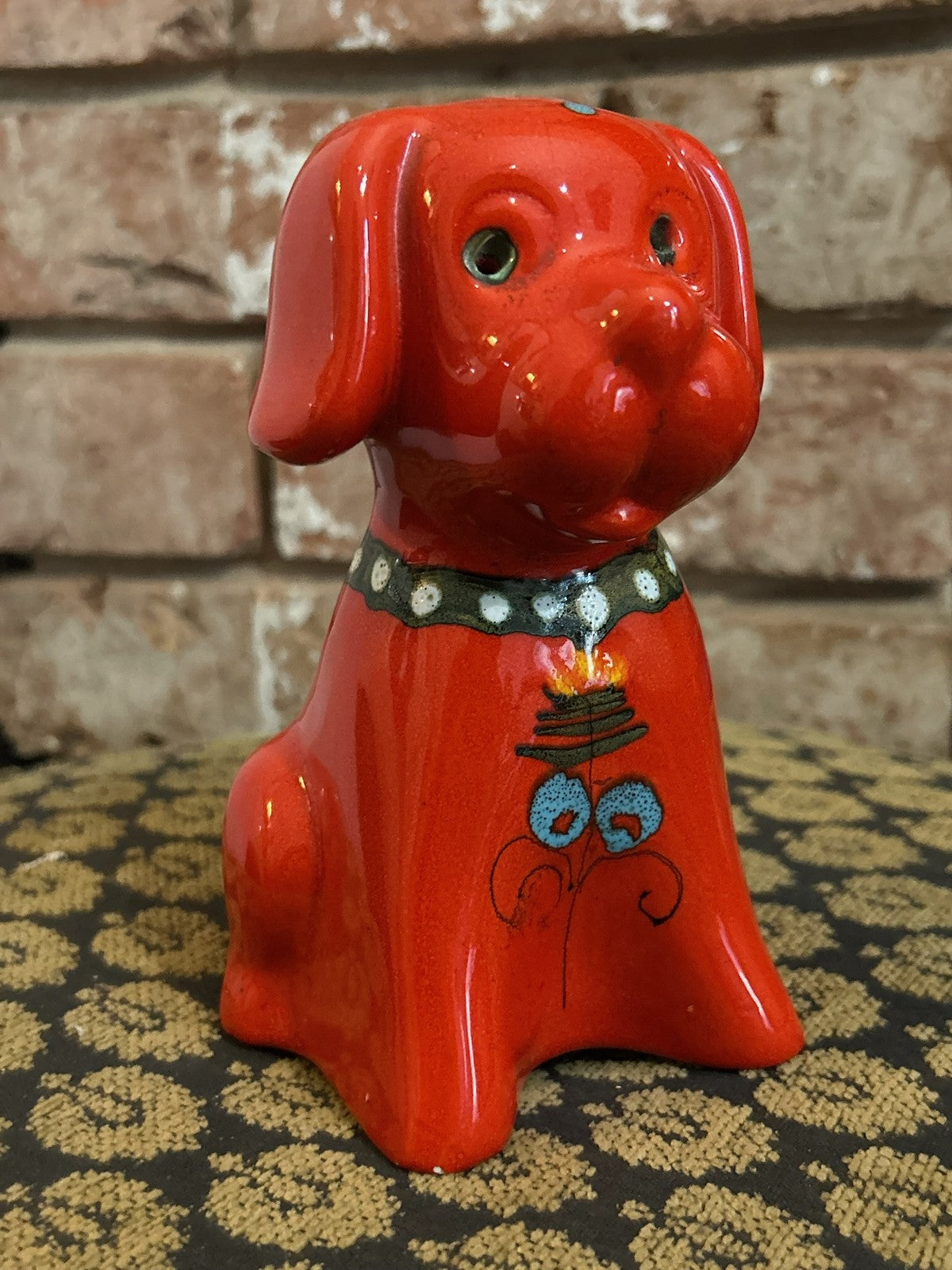 Vintage Red Ceramic Dog Money Box Glossy Glaze Seated Puppy Piggy Bank0
