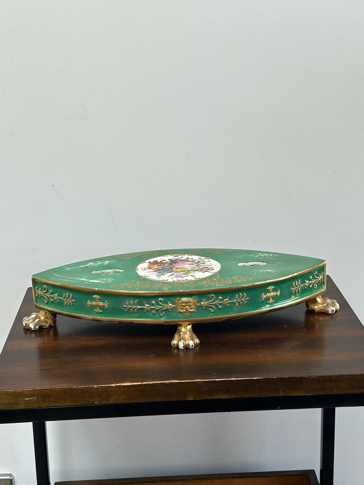 Antique Green Ground Porcelain Plateau Stand Gilt Paw Feet Floral Centre0