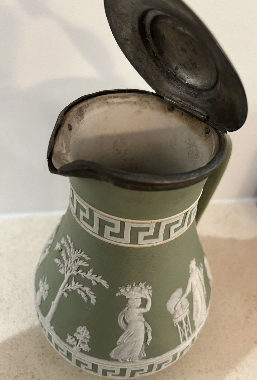 Wedgwood Pewter Lid Greek Key Green Milk Pitcher Jug