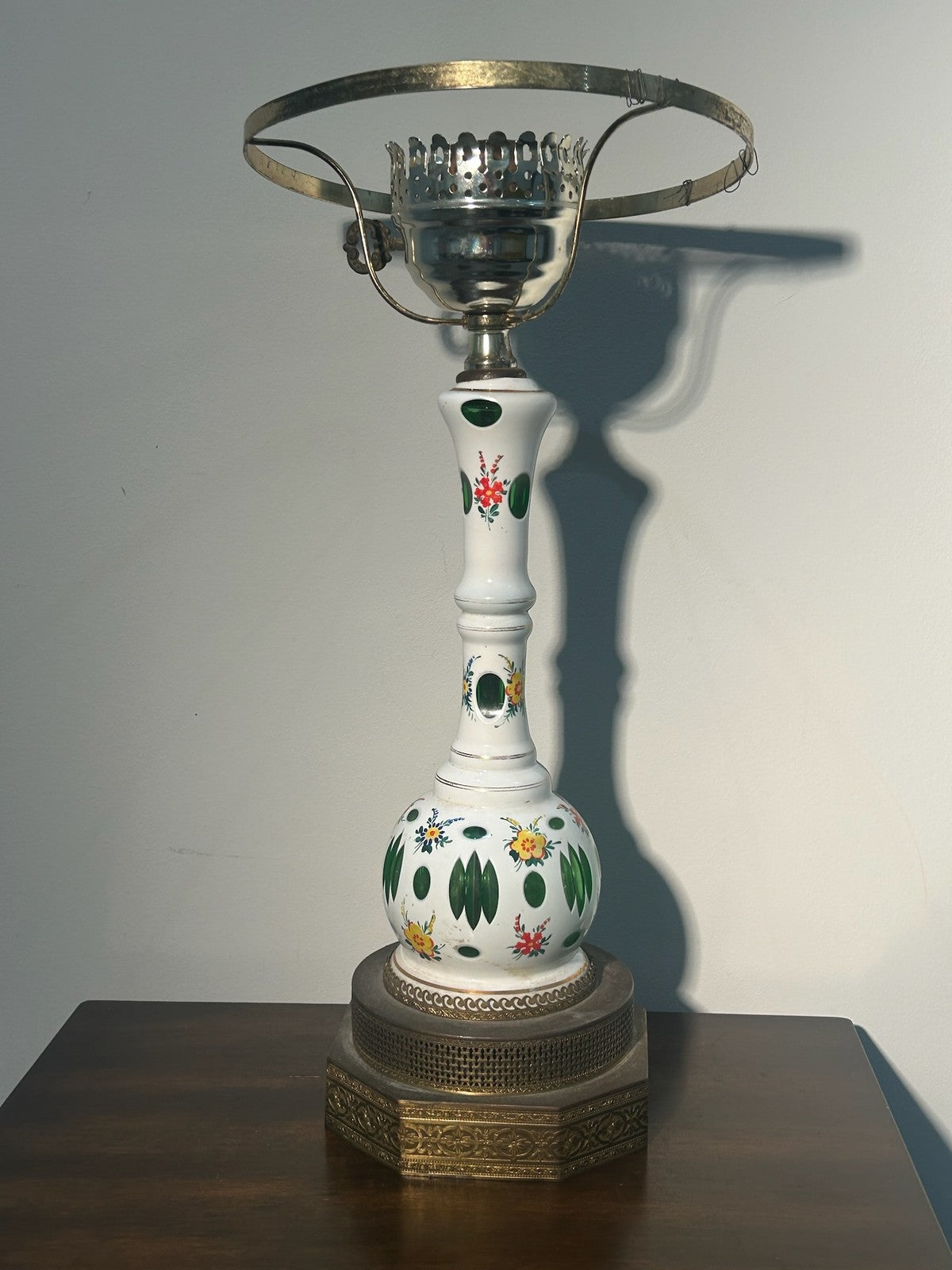 Antique Bohemian Overlay Glass Oil Lamp White Cut Green Hand Enamelled Brass0