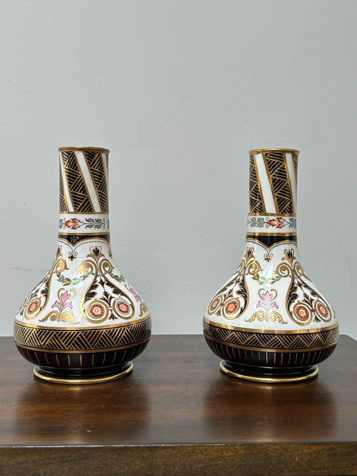 Pair Imari Bone China Bottle Vases c.1885 (one restored) Ex Rinaldo3