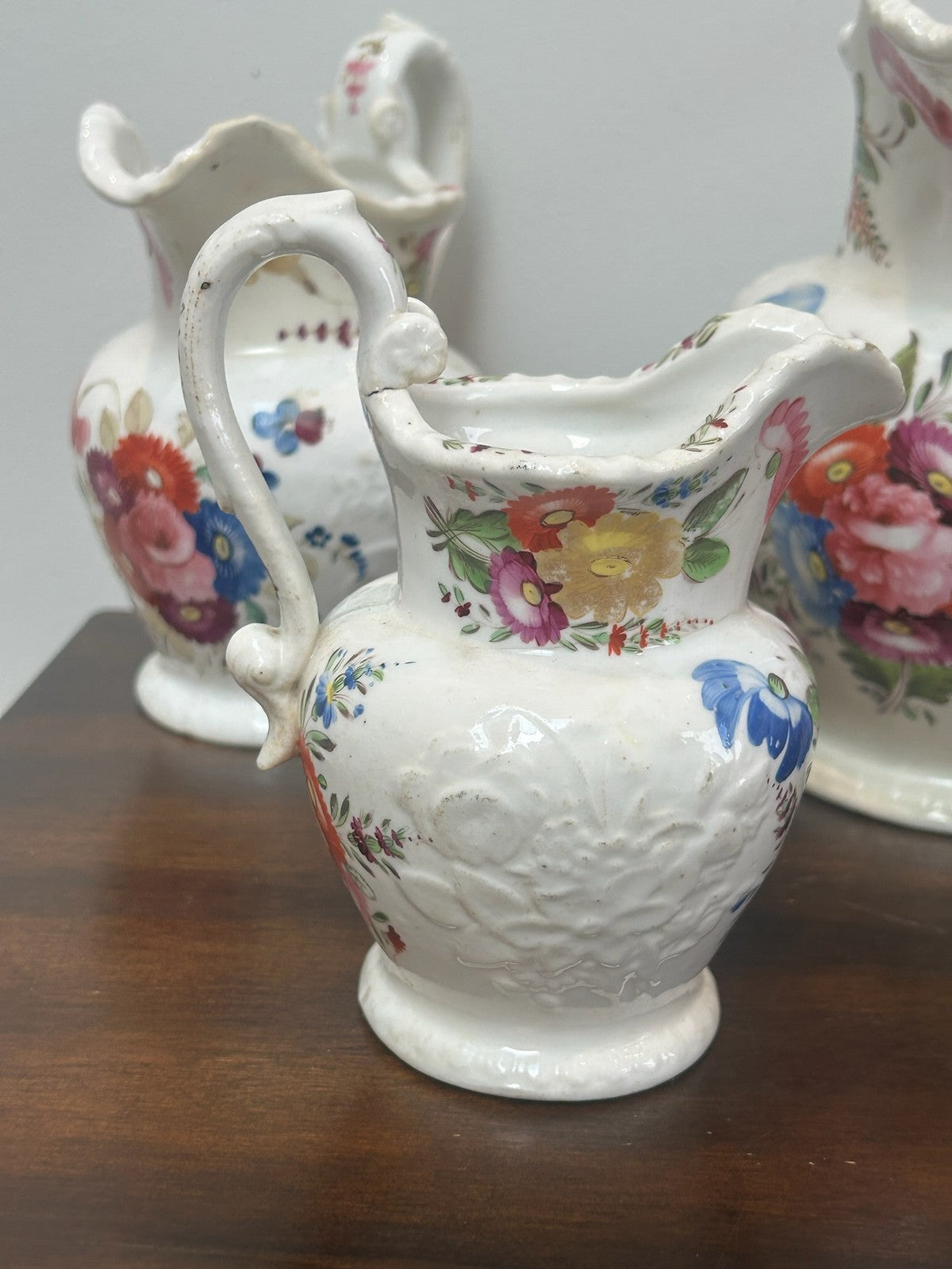 Set of Four Coalport Porcelain Water Jugs c1830 Hand Painted Floral8