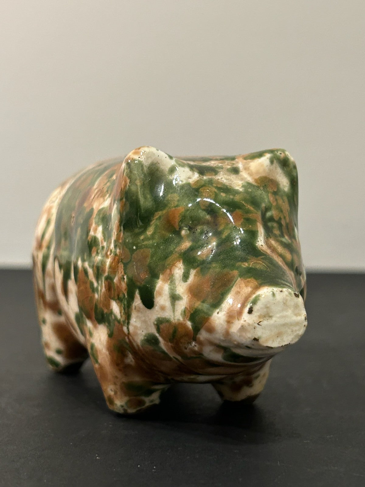 Antique 19th Century Spongeware Pottery Pig Money Box Green Brown Sponged 12cm7