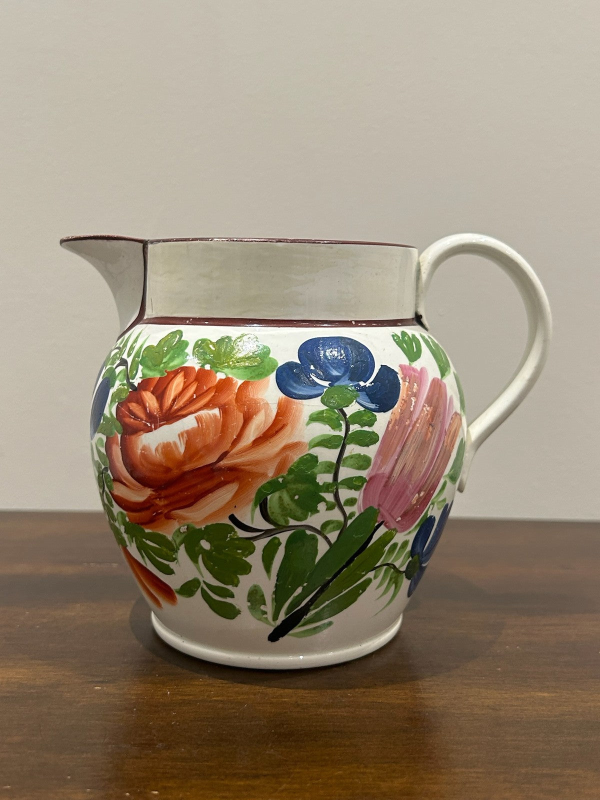 Georgian Pearlware Jug Hand Painted Enamel Orange Roses c.18204