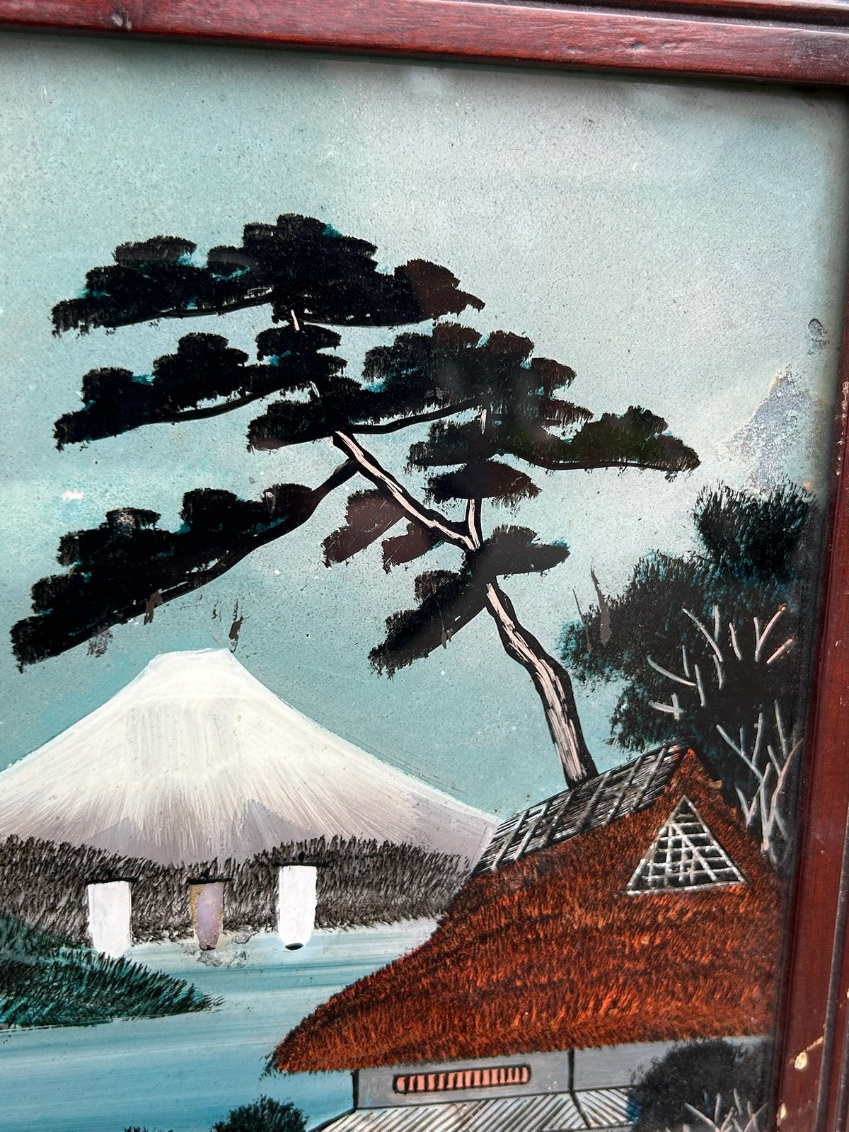 1920s Japanese Reverse Glass Painting Mother of Pearl Wall Hanging Antique6