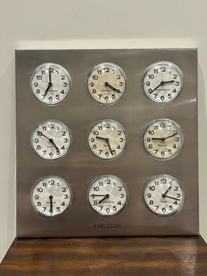 Karlsson World Time Clock 9 Dials Brushed Steel Time Zone