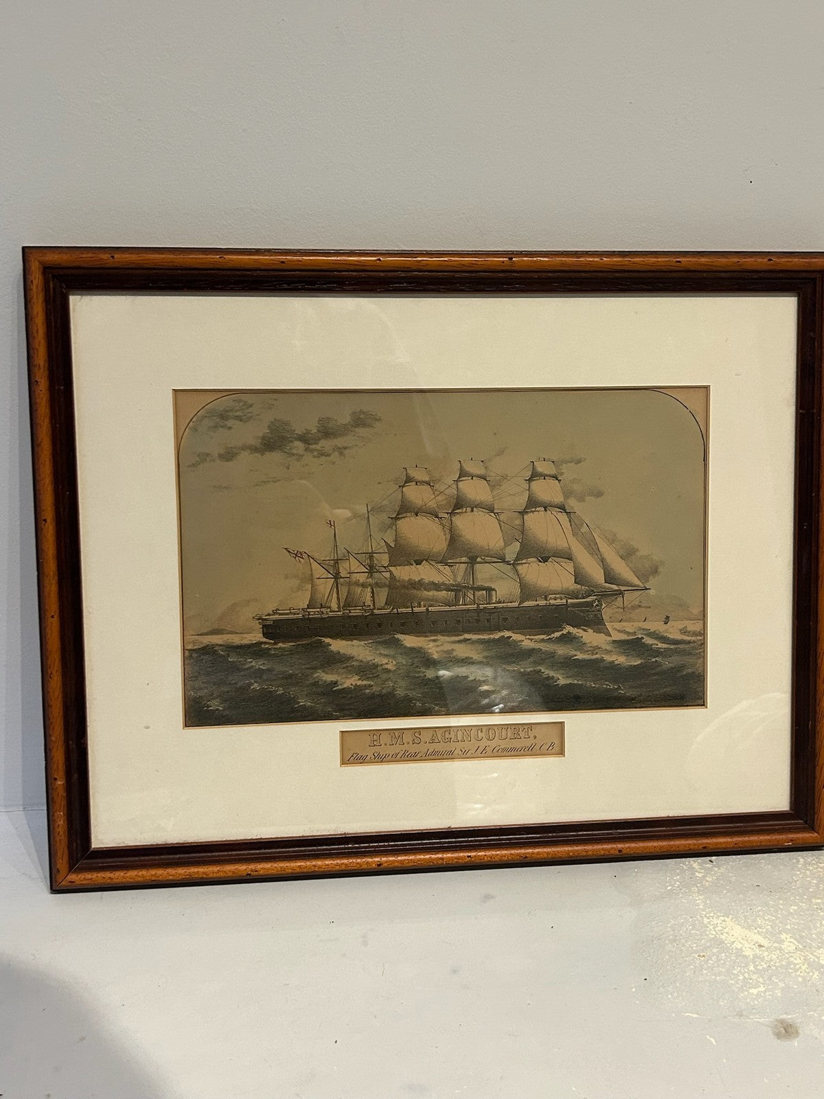 Antique Print HMS Agincourt Flagship Rear Admiral Commerell Ironclad Framed0