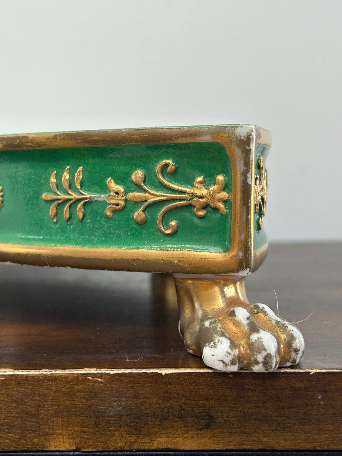 Antique Green Ground Porcelain Plateau Stand Gilt Paw Feet Floral Centre10