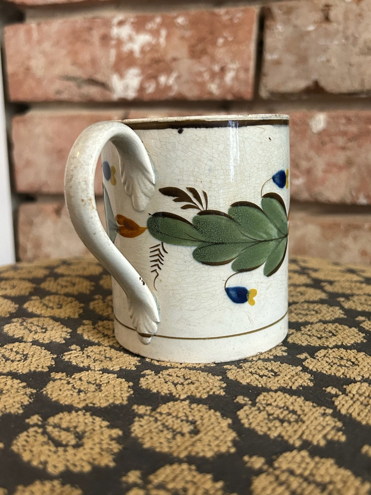 Antique English Pearlware Mug Hand Painted Green Leaves Blue Flowers Pattern No5