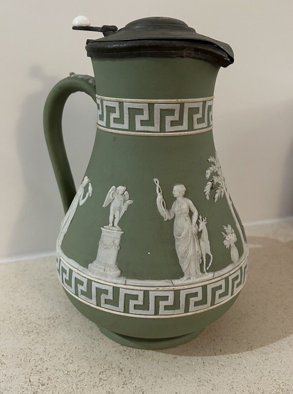 Wedgwood Pewter Lid Greek Key Green Milk Pitcher Jug