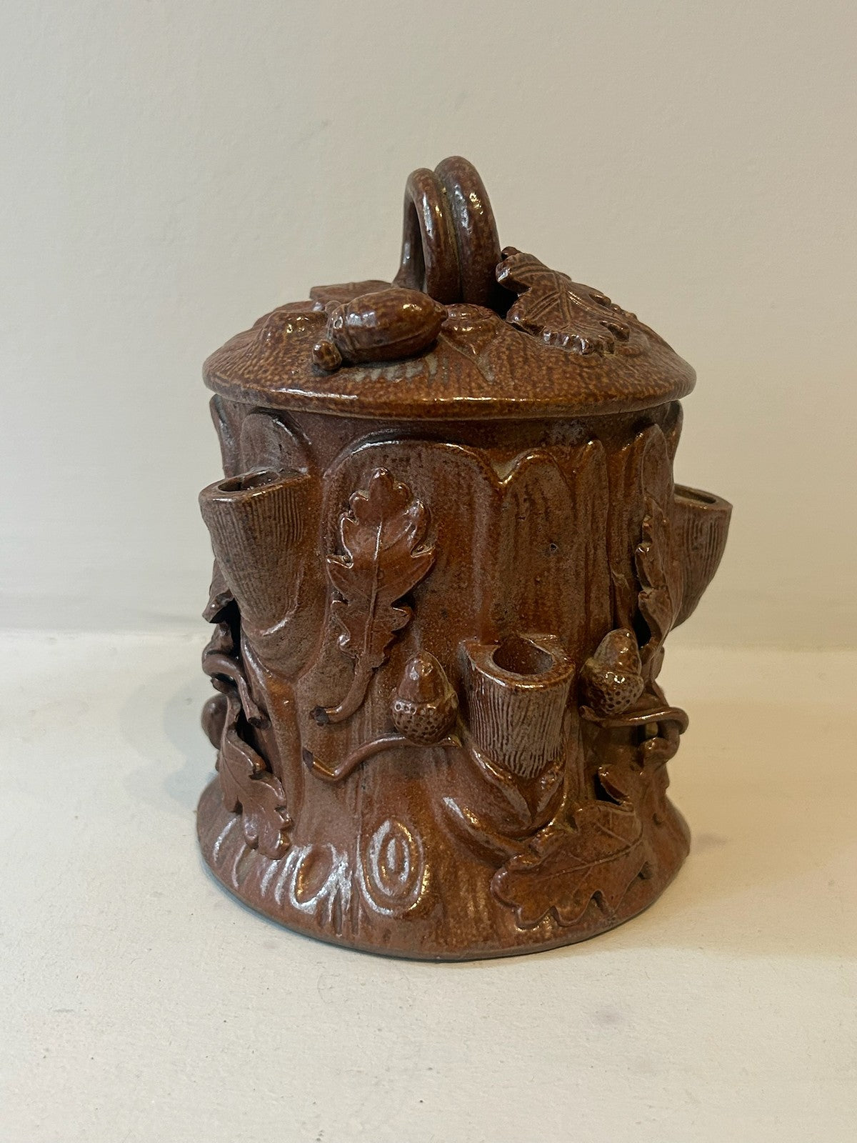 Antique 19thC French Salt Glazed Stoneware Tobacco Jar Oak Branch Acorn 14.5cm1