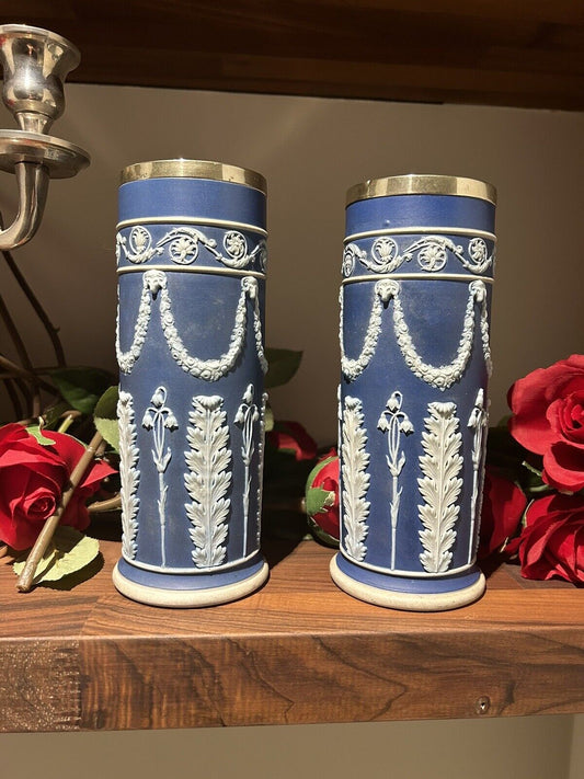 Wedgwood Jasperware Silver Rim Pair Acanthus Spill Vases