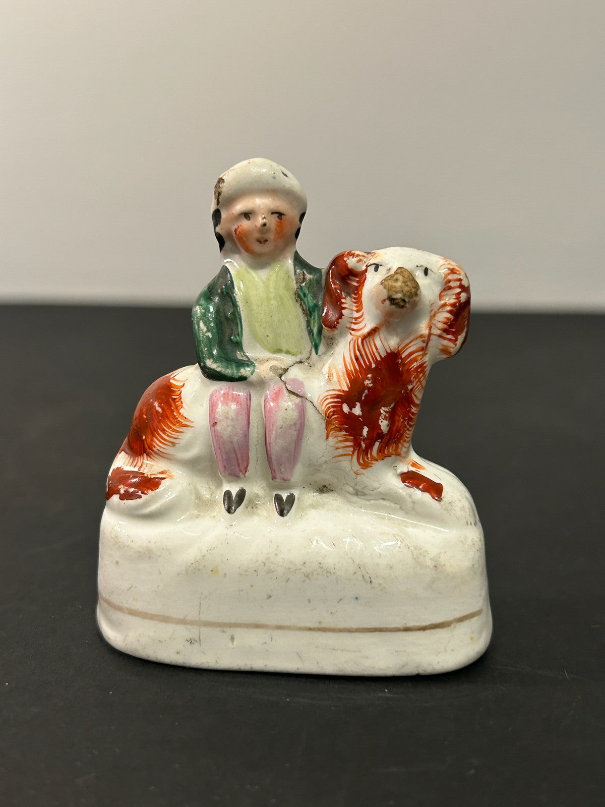Antique Victorian Staffordshire Miniature Figure Boy Seated on Spaniel Dog 7cm0