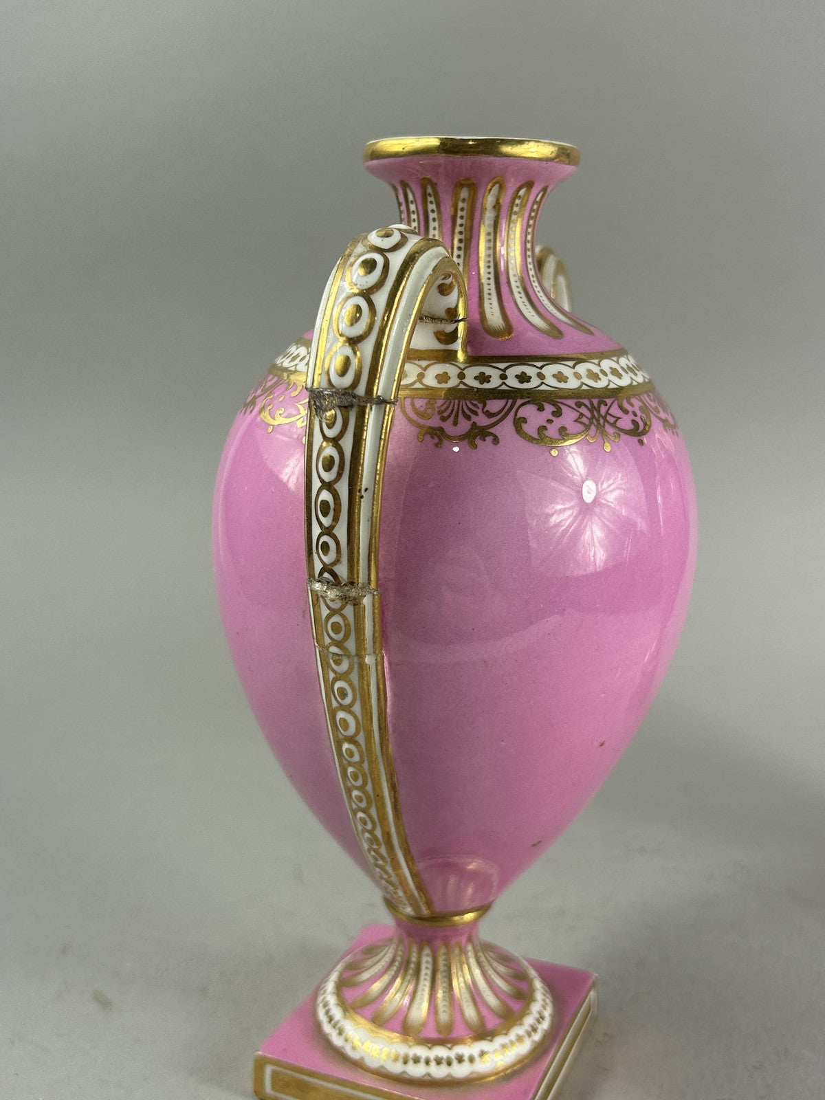 Antique Pair Pink Ground Gilt Porcelain Urn Vases, 18cm