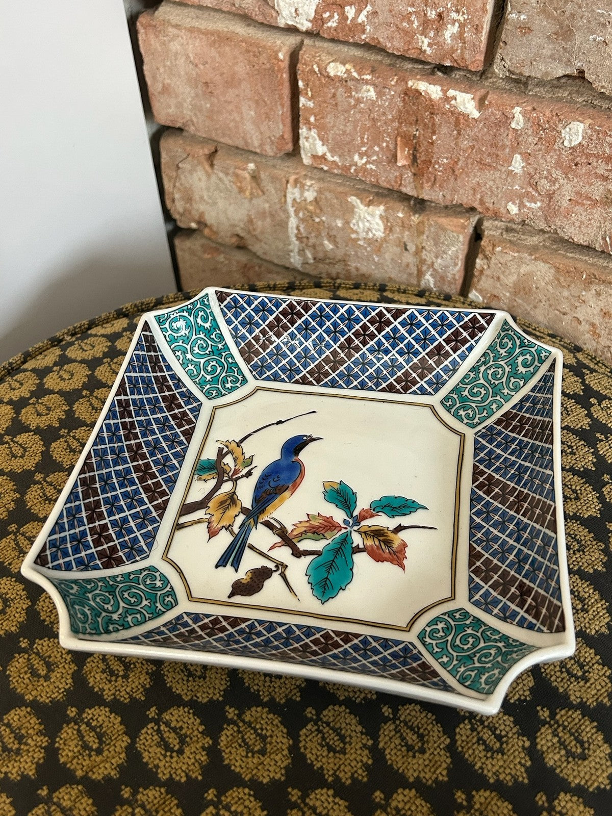 Japanese Kutani Porcelain Square Dish Autumn Bird Kiln Art Showa Hand Painted2