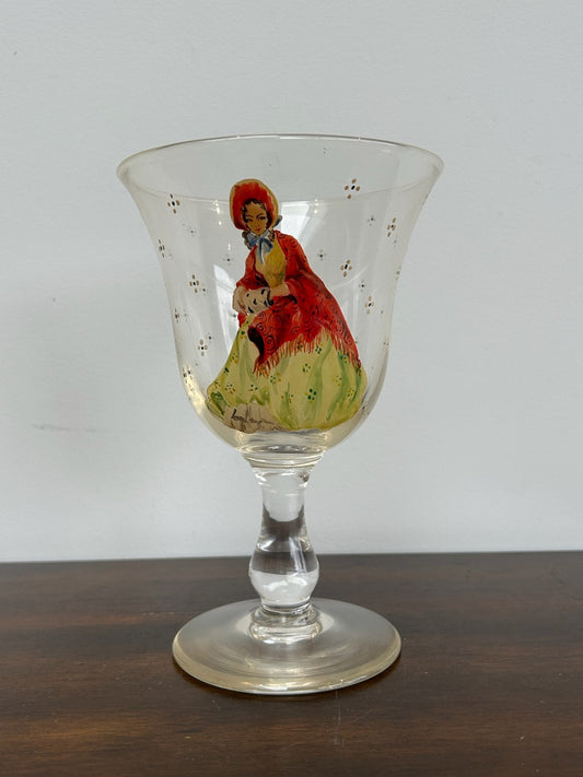 Antique Hand Painted Glass Goblet Lady in Crinoline Dress 19cm Pontil Mark0