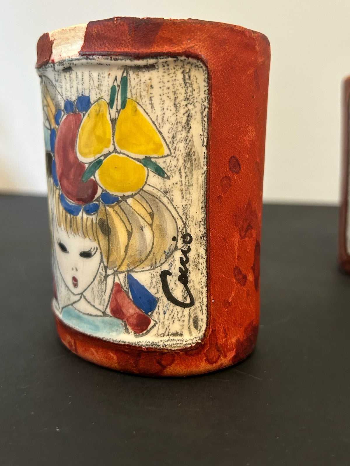 Pair 1960s Italian Pottery Pots Hand Painted Girls Sgraffito Scanware 9.5cm2