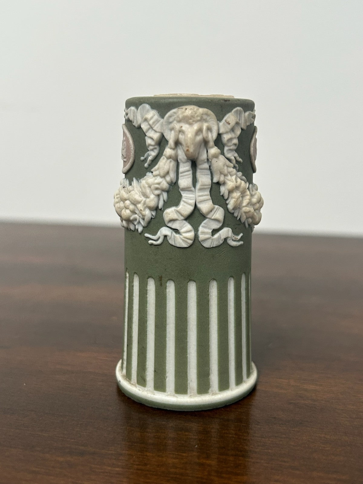 Antique Tricolour Jasperware Spill Vase Green Lilac White Masks Swags3