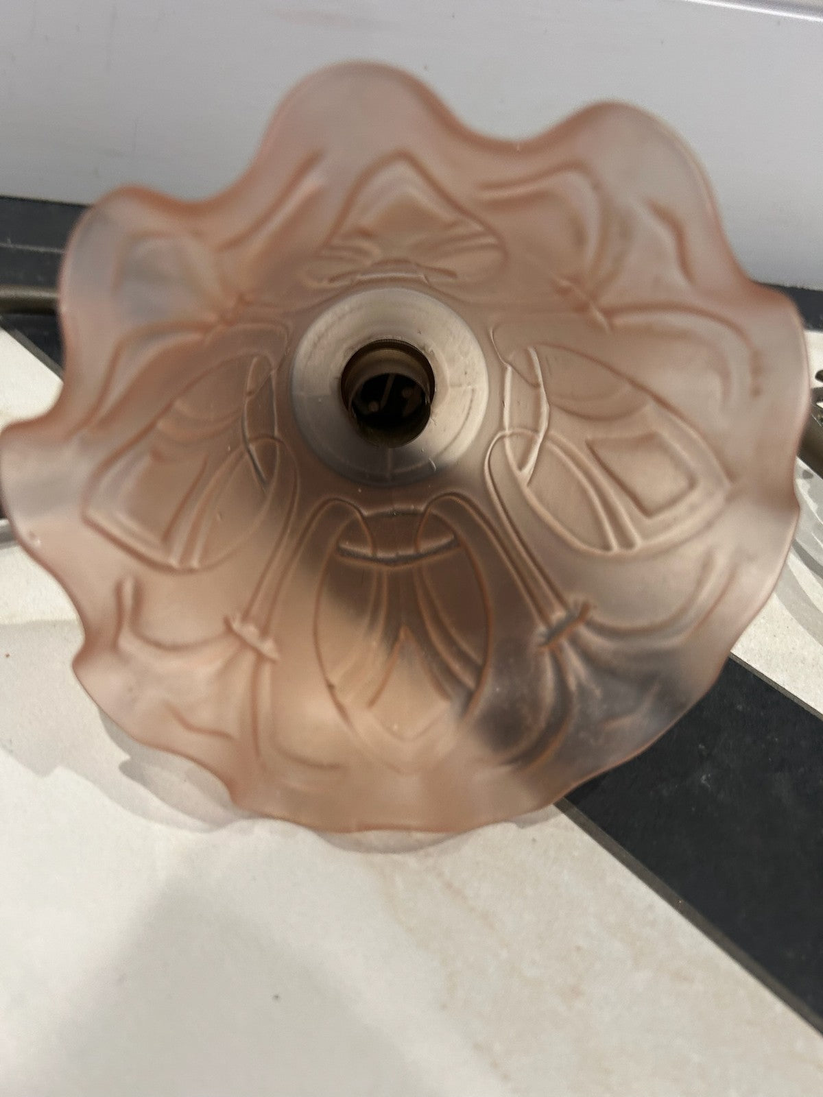 Pair Brass Wall Lights c.1900 Satin Pink Art Nouveau Frosted Glass Shades12