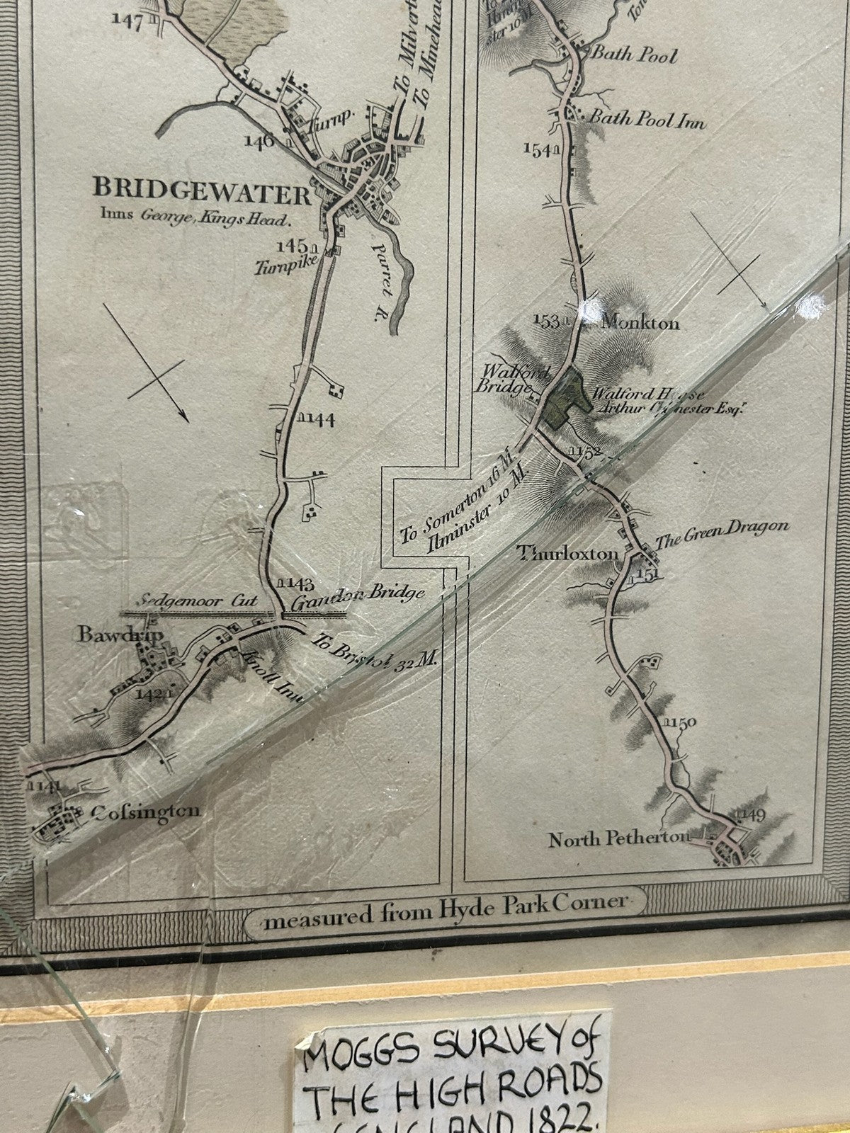 Antique 1822 Mogg Survey High Roads Map London to Exeter Taunton Framed3