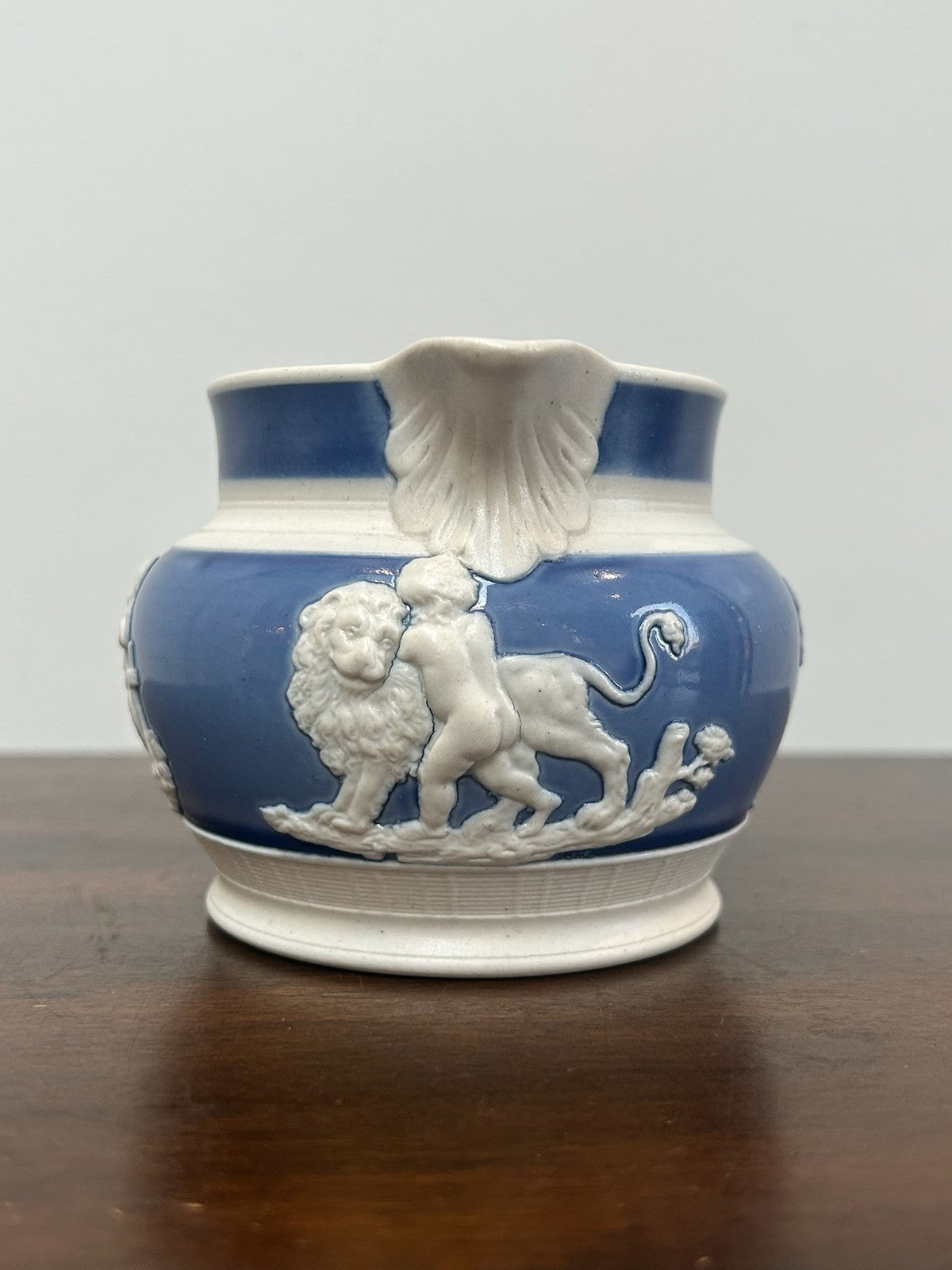 Antique Blue Feldspathic Stoneware Jug White Classical Sprig Relief c1820 Turner1