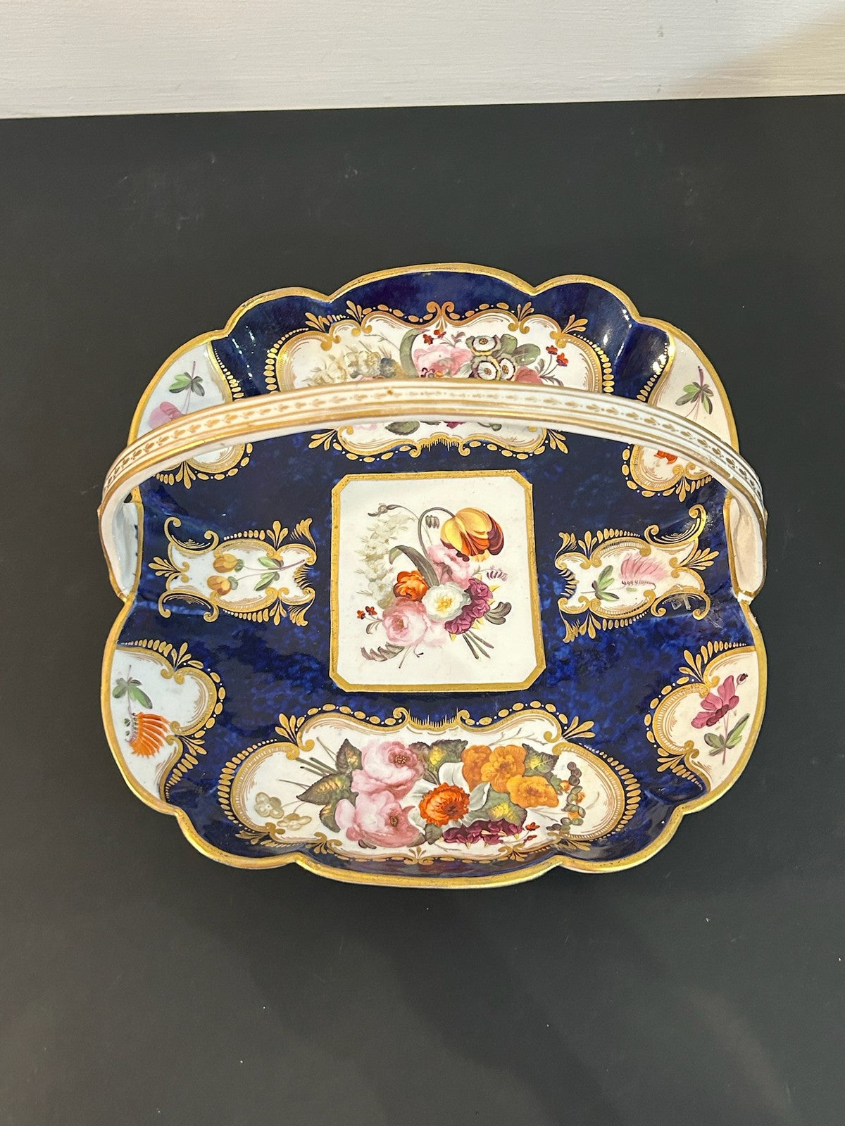 Antique English Porcelain Basket Cobalt Gilt Painted Flowers Handle A/F2